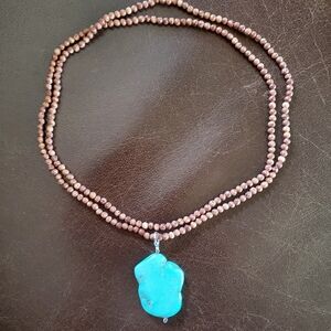 Handmade Beaded Rodonite Necklace with GenuineTurquoise 15,8g /79ct/Blue Pendant